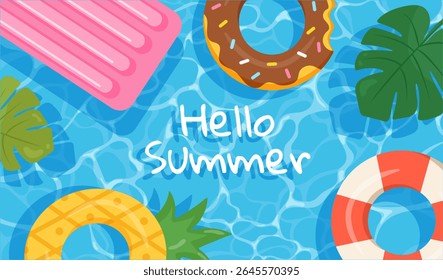 Colorful summer pool water background with floaties and Hello Summer text. Vector illustration for banners, cards, posters.