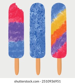 Colorful summer popsicles isolated on white background. Set of fruit popsicle rainbow colored. Tasty sundae, gelato, ice lolly, lollipop candy, chocolate, vanilla and strawberry watercolor ice cream