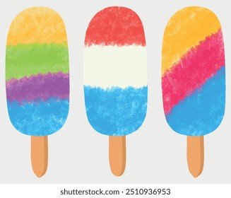 Colorful summer popsicles isolated on white background. Set of fruit popsicle rainbow colored. Tasty sundae, gelato, ice lolly, lollipop candy, chocolate, vanilla and strawberry watercolor ice cream