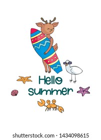 Colorful summer poster with cute animal. Vector illustration in doodle style isolated on a white background.