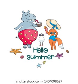 Colorful summer poster with cute animals. Vector illustration in doodle style isolated on a white background.