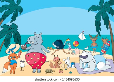 Colorful summer poster with cute animals. Vector illustration in doodle style isolated on a white background.