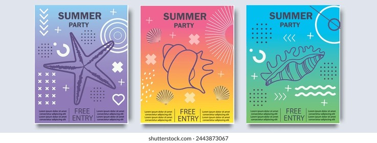 Colorful summer poster set in geometric style. Disco light neon art. Memphis prism trendy element on color background. Summer holidays, journey, vacation travel illustrations