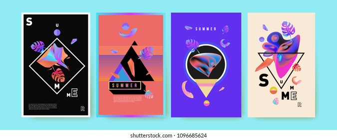 Colorful summer poster set. Tropical summer design template and cover. Summer illustration elements and background in eps 10.