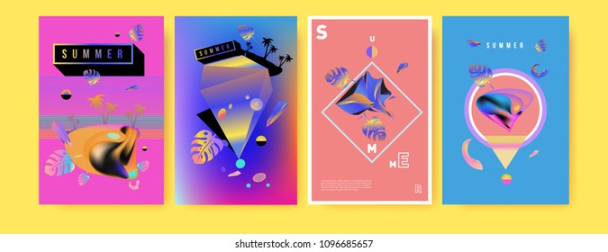 Colorful summer poster set. Tropical summer design template and cover. Summer illustration elements and background in eps 10.