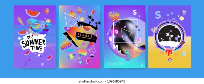 Colorful summer poster set. Tropical summer design template and cover. Summer illustration elements and background in eps 10.