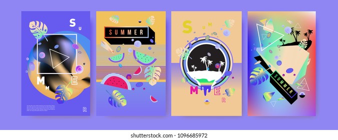 Colorful summer poster set. Tropical summer design template and cover. Summer illustration elements and background in eps 10.