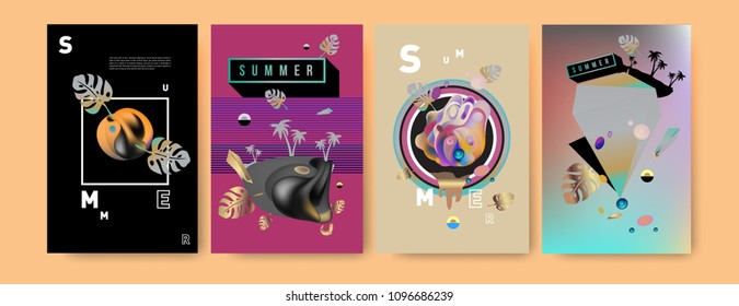 Colorful summer poster set. Tropical summer design template and cover. Summer illustration elements and background in eps 10.