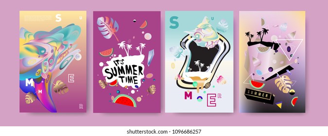 Colorful summer poster set. Tropical summer design template and cover. Summer illustration elements and background in eps 10.