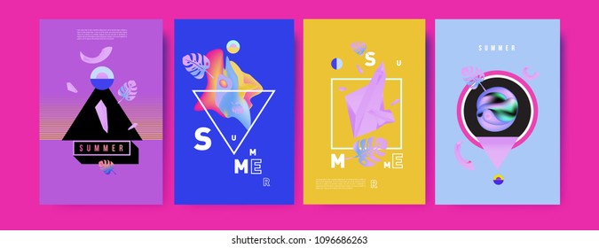 Colorful summer poster set. Tropical summer design template and cover. Summer illustration elements and background in eps 10.