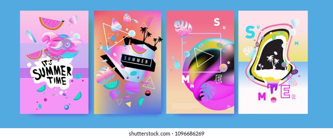 Colorful summer poster set. Tropical summer design template and cover. Summer illustration elements and background in eps 10.