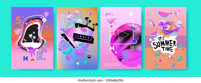 Colorful summer poster set. Tropical summer design template and cover. Summer illustration elements and background in eps 10.