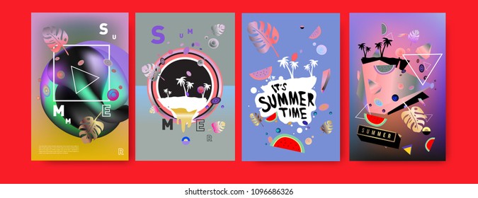 Colorful summer poster set. Tropical summer design template and cover. Summer illustration elements and background in eps 10.