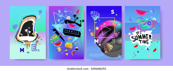 Colorful summer poster set. Tropical summer design template and cover. Summer illustration elements and background in eps 10.