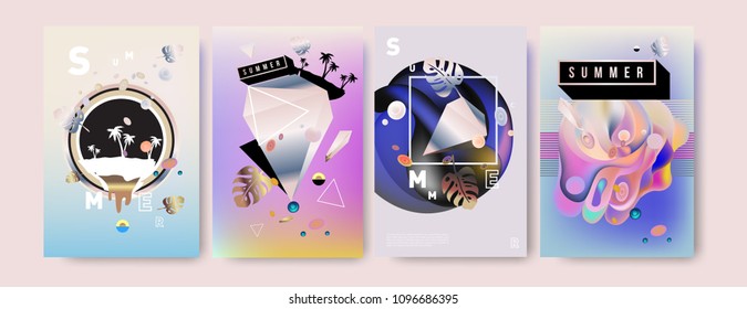 Colorful summer poster set. Tropical summer design template and cover. Summer illustration elements and background in eps 10.