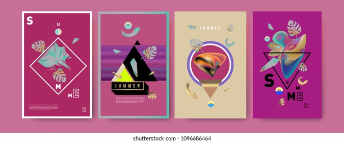 Colorful summer poster set. Tropical summer design template and cover. Summer illustration elements and background in eps 10.