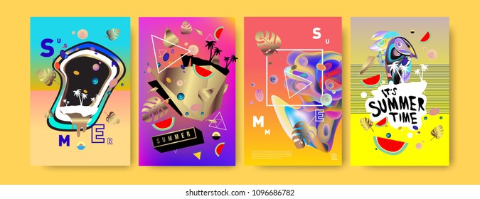 Colorful summer poster set. Tropical summer design template and cover. Summer illustration elements and background in eps 10.