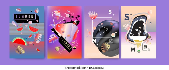 Colorful summer poster set. Tropical summer design template and cover. Summer illustration elements and background in eps 10.
