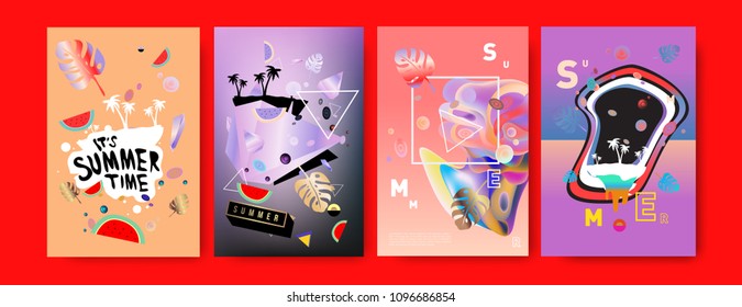 Colorful summer poster set. Tropical summer design template and cover. Summer illustration elements and background in eps 10.