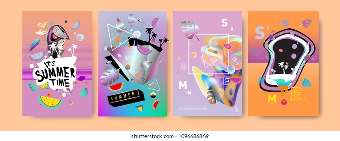 Colorful summer poster set. Tropical summer design template and cover. Summer illustration elements and background in eps 10.