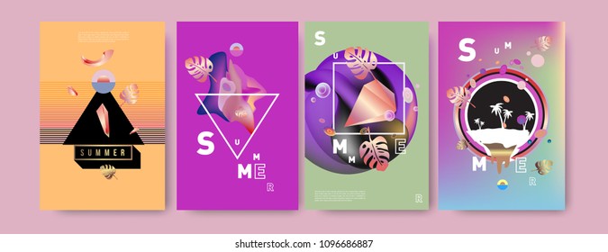 Colorful summer poster set. Tropical summer design template and cover. Summer illustration elements and background in eps 10.