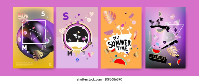 Colorful summer poster set. Tropical summer design template and cover. Summer illustration elements and background in eps 10.
