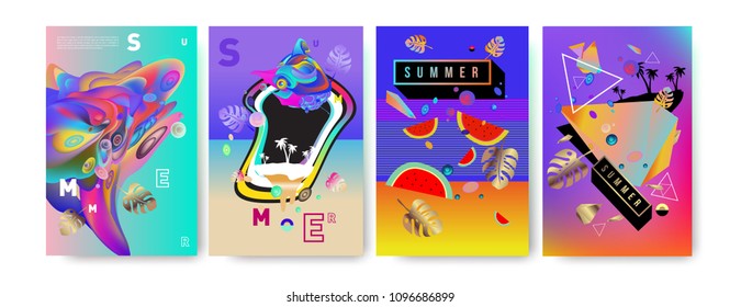 Colorful summer poster set. Tropical summer design template and cover. Summer illustration elements and background in eps 10.