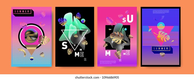 Colorful summer poster set. Tropical summer design template and cover. Summer illustration elements and background in eps 10.