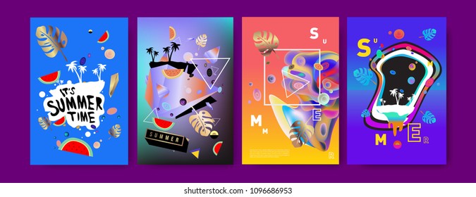 Colorful summer poster set. Tropical summer design template and cover. Summer illustration elements and background in eps 10.