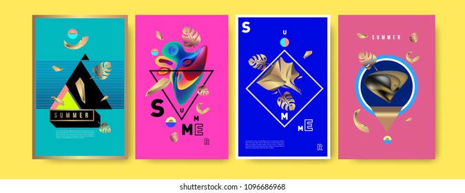 Colorful summer poster set. Tropical summer design template and cover. Summer illustration elements and background in eps 10.