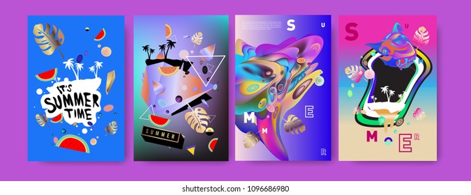 Colorful summer poster set. Tropical summer design template and cover. Summer illustration elements and background in eps 10.