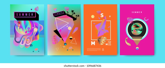 Colorful summer poster set. Tropical summer design template and cover. Summer illustration elements and background in eps 10.