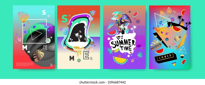 Colorful summer poster set. Tropical summer design template and cover. Summer illustration elements and background in eps 10.