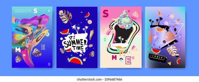 Colorful summer poster set. Tropical summer design template and cover. Summer illustration elements and background in eps 10.