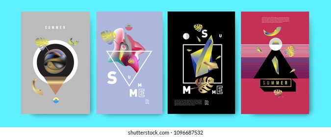 Colorful summer poster set. Tropical summer design template and cover. Summer illustration elements and background in eps 10.