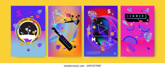 Colorful summer poster set. Tropical summer design template and cover. Summer illustration elements and background in eps 10.