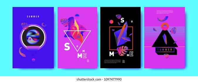 Colorful summer poster set. Tropical summer design template and cover. Summer illustration elements and background in eps 10.