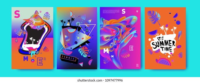Colorful summer poster set. Tropical summer design template and cover. Summer illustration elements and background in eps 10.