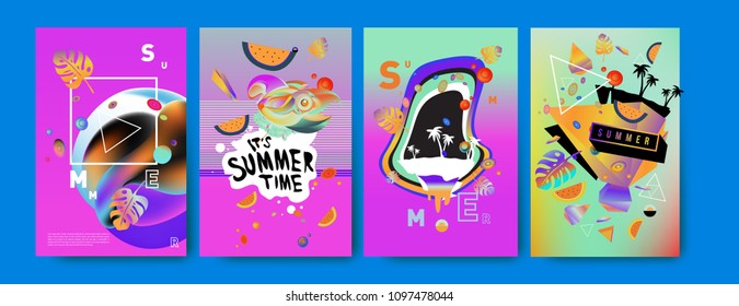 Colorful summer poster set. Tropical summer design template and cover. Summer illustration elements and background in eps 10.