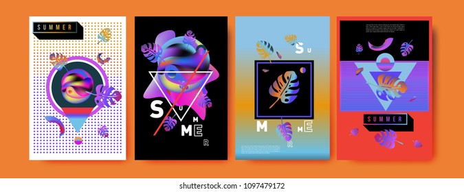 Colorful summer poster set. Tropical summer design template and cover. Summer illustration elements and background in eps 10.