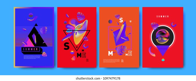 Colorful summer poster set. Tropical summer design template and cover. Summer illustration elements and background in eps 10.