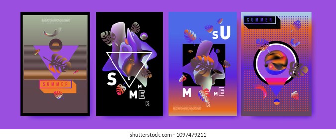 Colorful summer poster set. Tropical summer design template and cover. Summer illustration elements and background in eps 10.