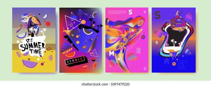 Colorful summer poster set. Tropical summer design template and cover. Summer illustration elements and background in eps 10.