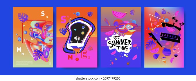 Colorful summer poster set. Tropical summer design template and cover. Summer illustration elements and background in eps 10.