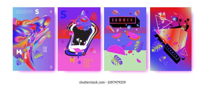 Colorful summer poster set. Tropical summer design template and cover. Summer illustration elements and background in eps 10.