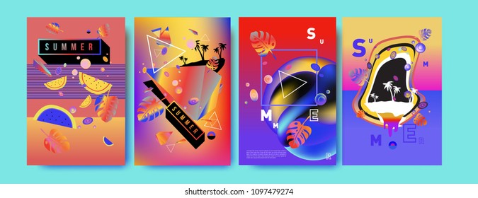 Colorful summer poster set. Tropical summer design template and cover. Summer illustration elements and background in eps 10.