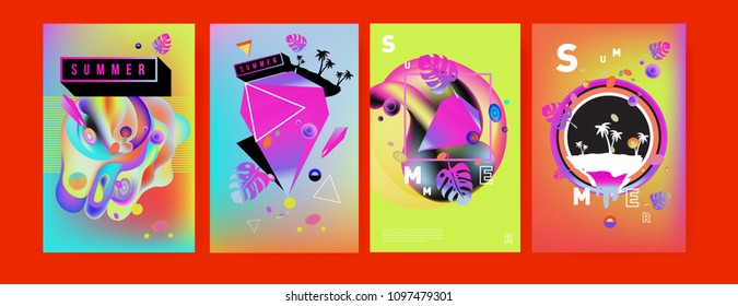 Colorful summer poster set. Tropical summer design template and cover. Summer illustration elements and background in eps 10.