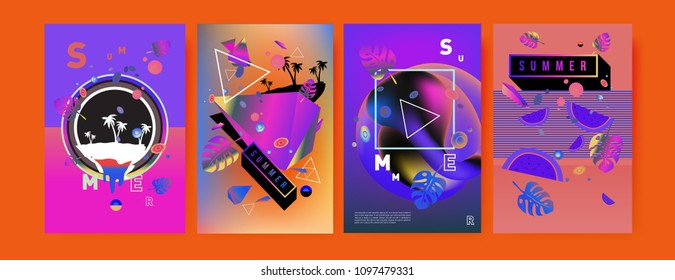 Colorful summer poster set. Tropical summer design template and cover. Summer illustration elements and background in eps 10.