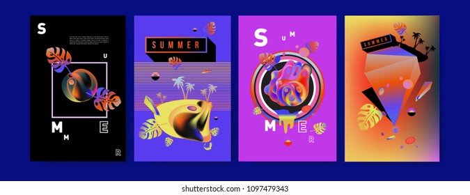 Colorful summer poster set. Tropical summer design template and cover. Summer illustration elements and background in eps 10.