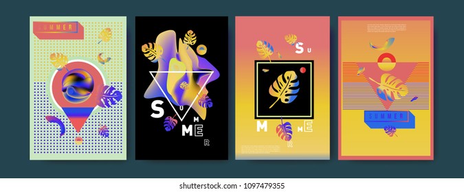 Colorful summer poster set. Tropical summer design template and cover. Summer illustration elements and background in eps 10.